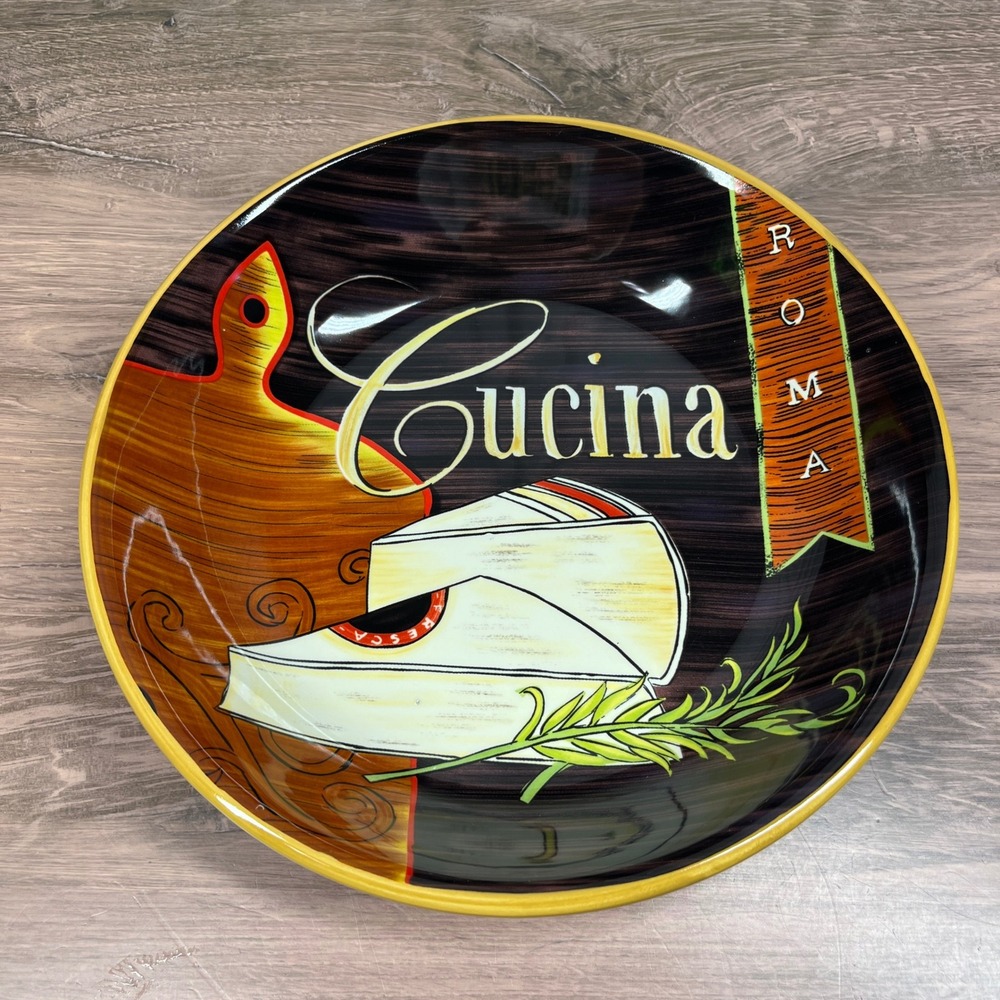 Pier 1 Imports Earthenware Pasta Bowl 9 in Red Cucina Roma Cheese Graphic